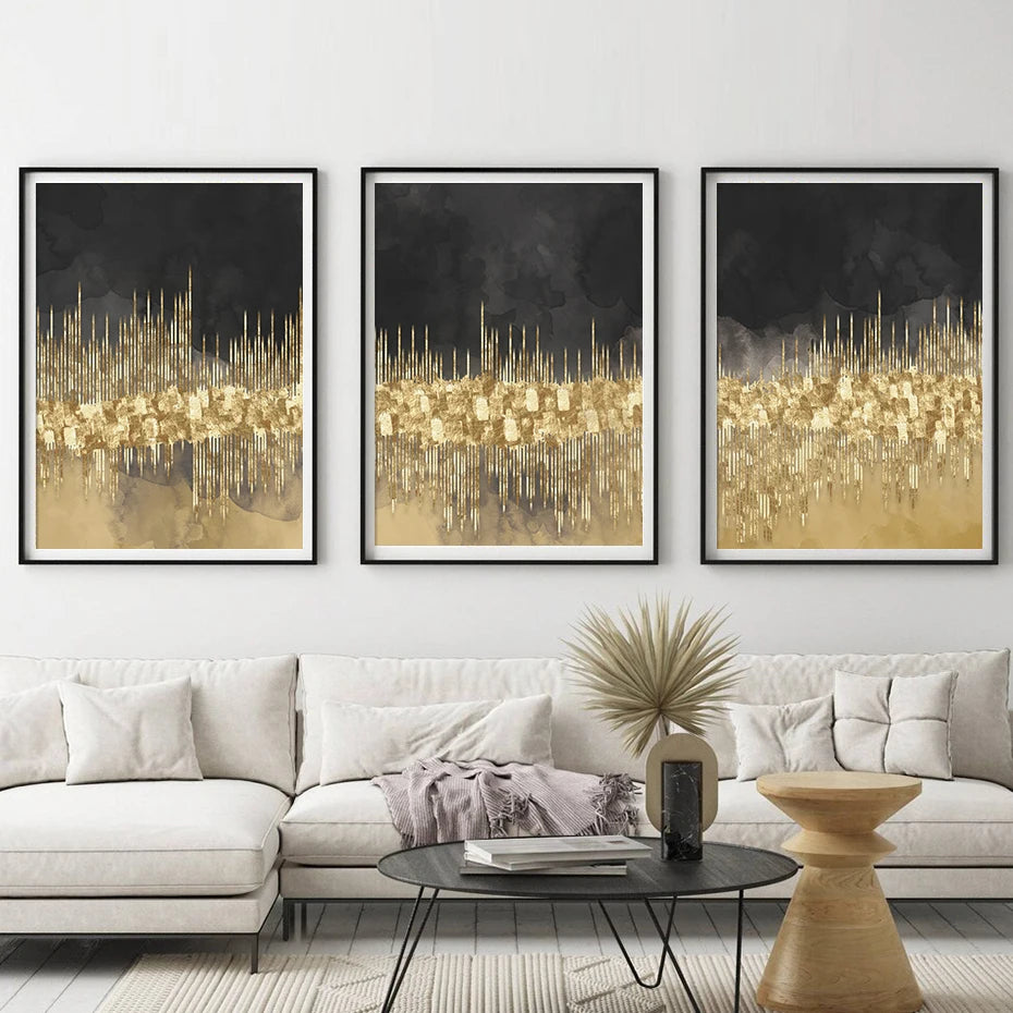 Abstract Golden Cityscape On Black Watercolor Canvas Print Wall Art Light Luxury Pictures For Living Room Bedroom Home Office Decor