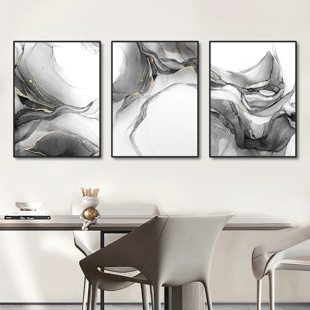 Black & White Liquid Marble Abstract Wall Art Fine Art Canvas Prints Pictures For Modern Living Room Home Office Decor