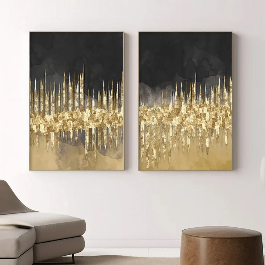 Abstract Golden Cityscape On Black Watercolor Canvas Print Wall Art Light Luxury Pictures For Living Room Bedroom Home Office Decor