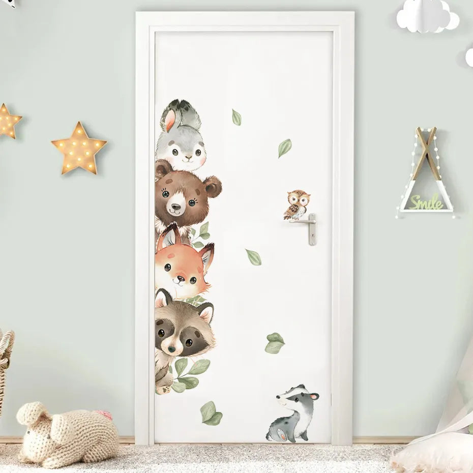 Cartoon Door Stickers Forest Animals Bear Rabbit Watercolor Wall Sticker for Kids Room Baby Nursery Room Wall Decals Home Decor