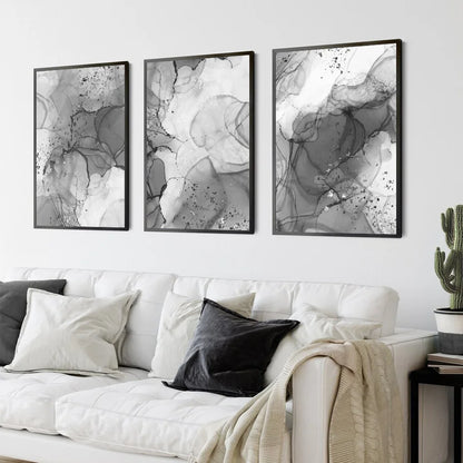 Modern Gray Liquid Marble Print Wall Art Fine Art Canvas Prints Abstract Black White Poster Pictures For Living Room Home Office Art Decor