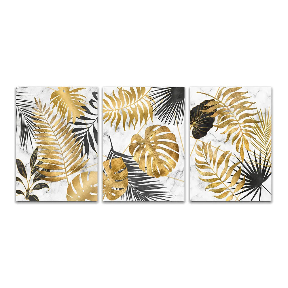 * Featured Sale * Modern Botanical Golden Tropical Leaves Wall Art Fine Art Canvas Prints Pictures For Living Room Kitchen Dining Room Wall Decor