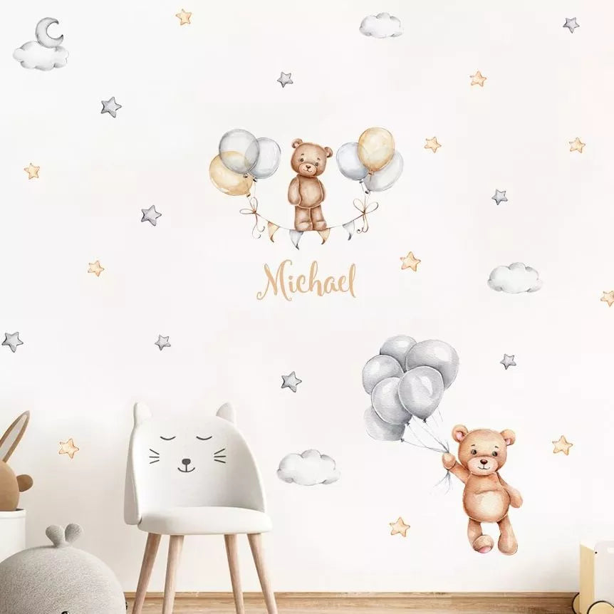 Personalized Bear Balloons Baby's Name Wall Decals For Nursery Room Removable Peel & Stick PVC Wall Stickers For Creative DIY Home Decor