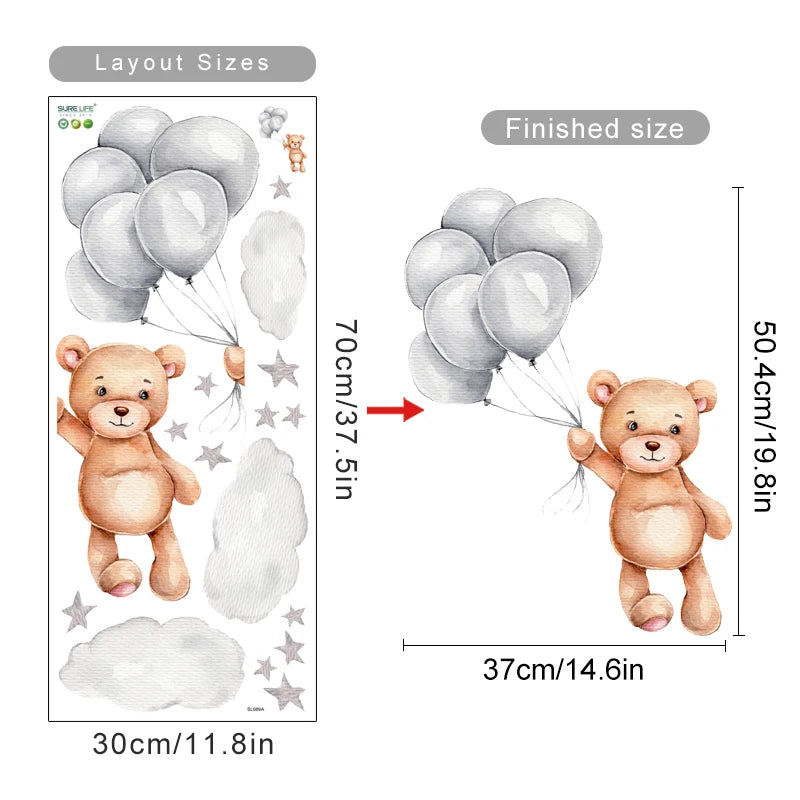 Personalized Bear Balloons Baby's Name Wall Decals For Nursery Room Removable Peel & Stick PVC Wall Stickers For Creative DIY Home Decor 
