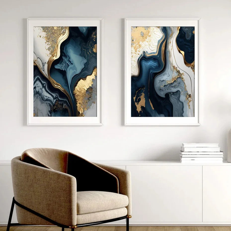 Deep Oceanic Blue Golden Marble Print Wall Art Fine Art Canvas Prints Posters Pictures For Living Room Dining Room Light Luxury Home Decor