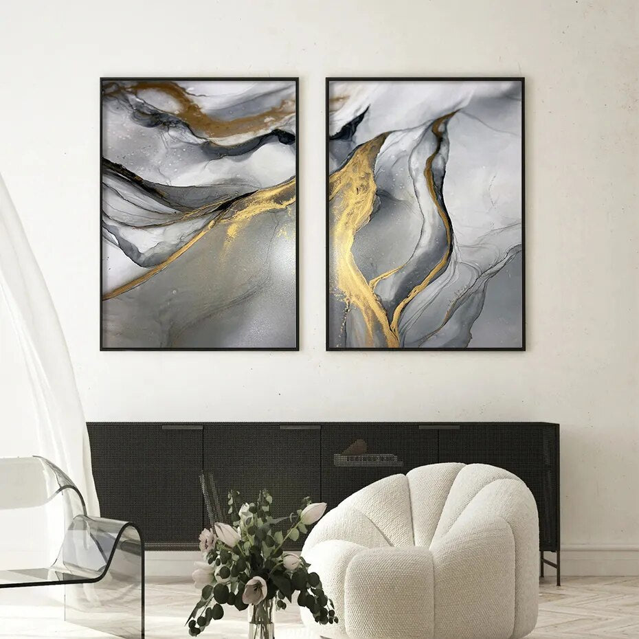Modern Abstract Black Gray Golden Liquid Marble Print Wall Art Fine Art Canvas Prints For Modern Apartment Living Room Home Office Decor