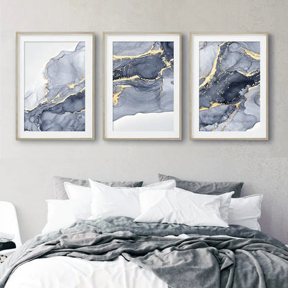 Shades of Blue Abstract Liquid Marble Wall Art Fine Art Canvas Print With Golden Accents Pictures For Living Room Contemporary Bedroom Art Decor