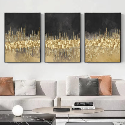 Abstract Golden Cityscape On Black Watercolor Canvas Print Wall Art Light Luxury Pictures For Living Room Bedroom Home Office Decor