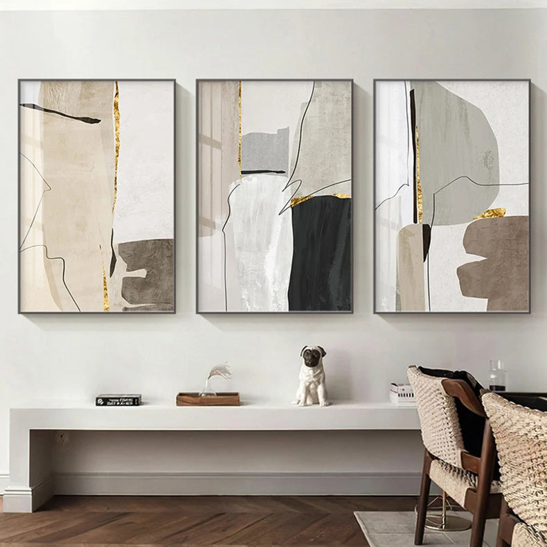 Abstract Black White Canvas Prints Paintings Modern Golden Geometric Line Posters Wall Art Pictures for Living Room Office Decor