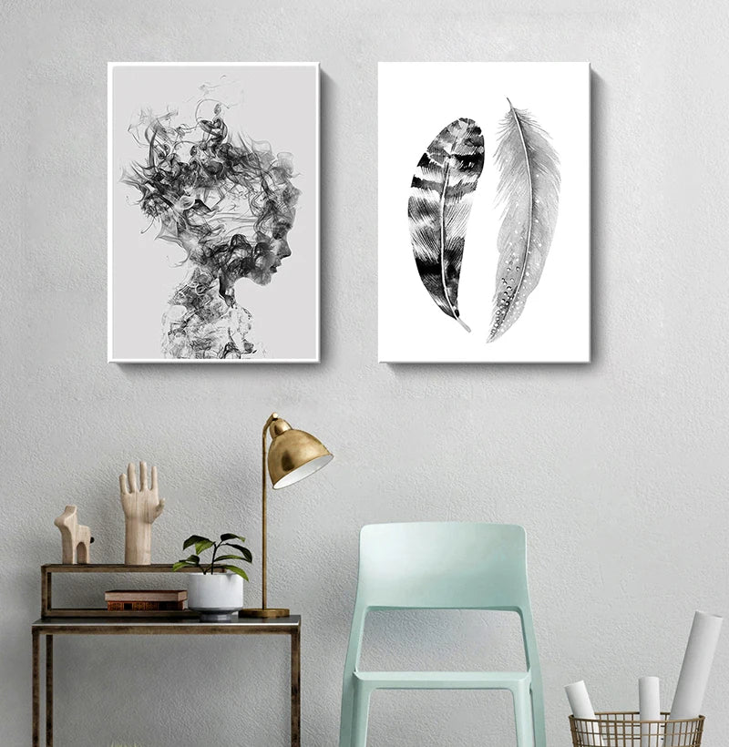 Abstract Girl Portrait Wall Art Minimalist Black White Feathers Fine Art Canvas Prints Modern Pictures For Scandinavian Living Room Bedroom Art Decor