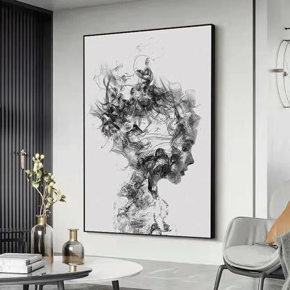 Abstract Girl Portrait Wall Art Minimalist Black White Feathers Fine Art Canvas Prints Modern Pictures For Scandinavian Living Room Bedroom Art Decor
