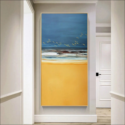 Abstract Beach Scene Canvas Print Sea Sand Landscape Wall Art Golden Sand Gentle Waves & Dynamic Sky with Birds