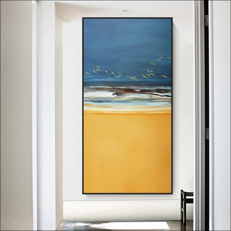 Abstract Beach Scene Canvas Print Sea Sand Landscape Wall Art Golden Sand Gentle Waves & Dynamic Sky with Birds