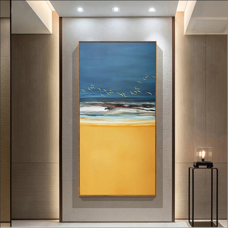 Abstract Beach Scene Canvas Print Sea Sand Landscape Wall Art Golden Sand Gentle Waves & Dynamic Sky with Birds