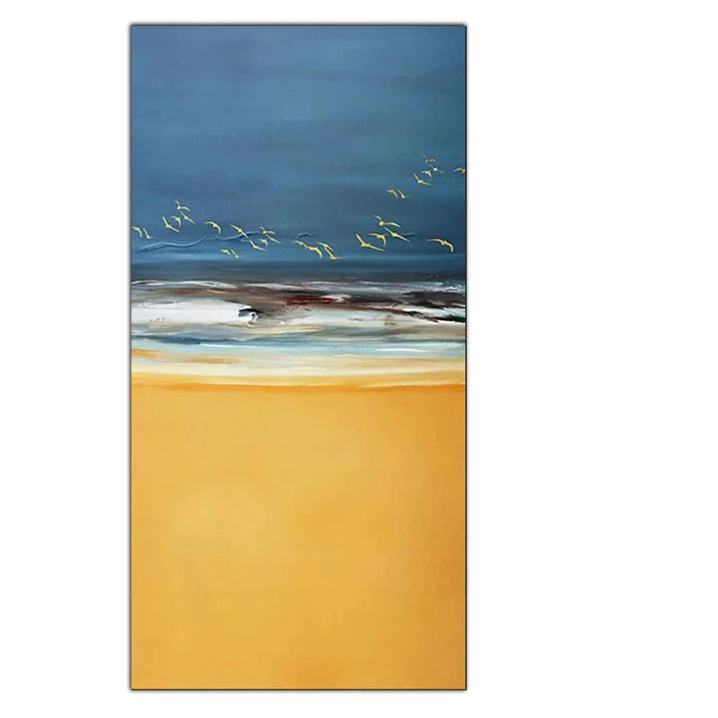 Abstract Beach Scene Canvas Print Sea Sand Landscape Wall Art Golden Sand Gentle Waves & Dynamic Sky with Birds