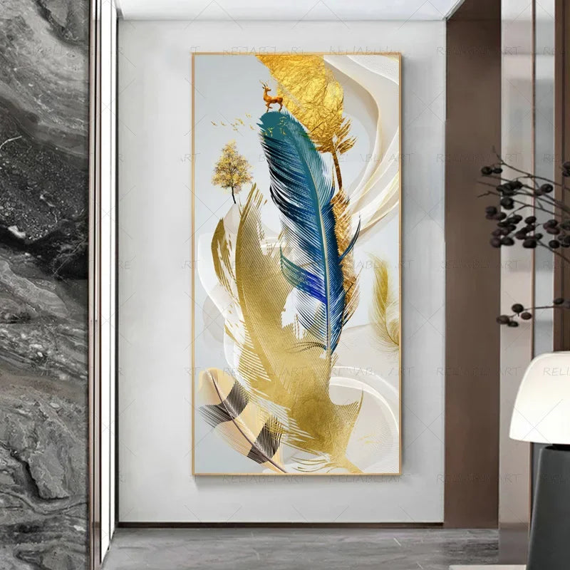 Abstract Beige Golden Brown Feathers Wall Art Fine Art Canvas Prints Picture For Luxury Home Living Room Elegant Entrance Hallway Art Decor