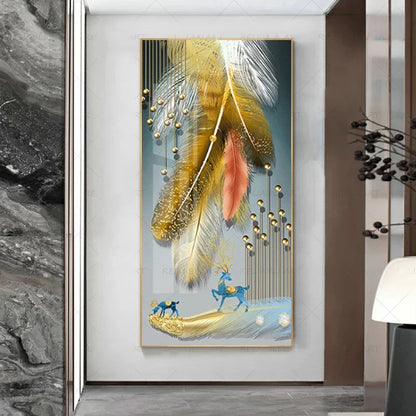 Abstract Beige Golden Brown Feathers Wall Art Fine Art Canvas Prints Picture For Luxury Home Living Room Elegant Entrance Hallway Art Decor
