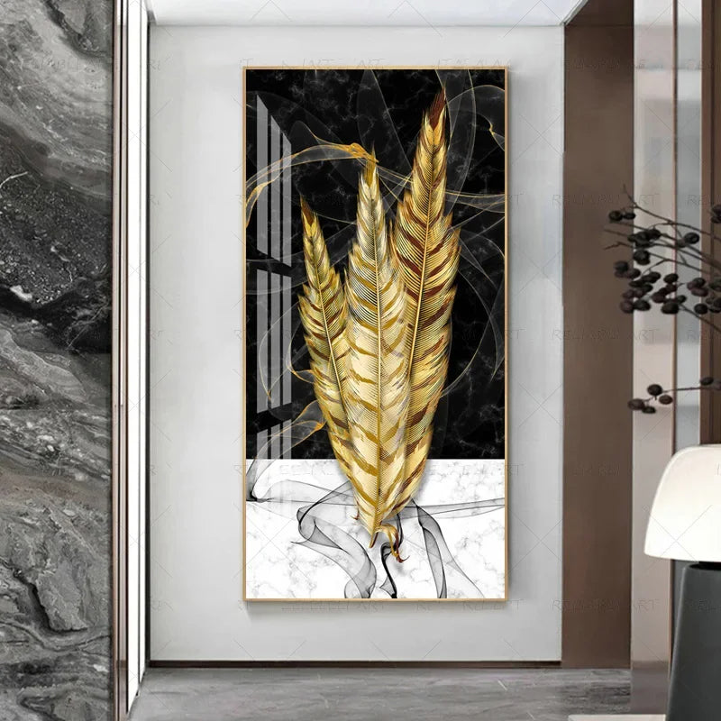Abstract Beige Golden Brown Feathers Wall Art Fine Art Canvas Prints Picture For Luxury Home Living Room Elegant Entrance Hallway Art Decor