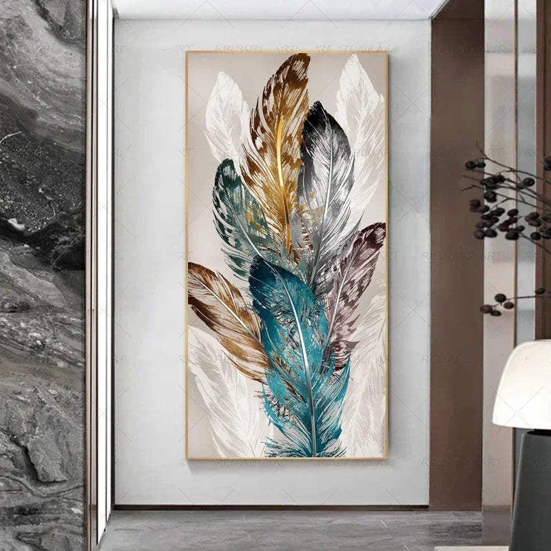 Abstract Beige Golden Brown Feathers Wall Art Fine Art Canvas Prints Picture For Luxury Home Living Room Elegant Entrance Hallway Art Decor