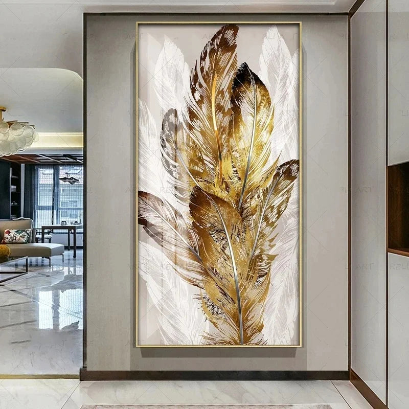 Abstract Beige Golden Brown Feathers Wall Art Fine Art Canvas Prints Picture For Luxury Home Living Room Elegant Entrance Hallway Art Decor