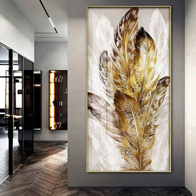 Abstract Beige Golden Brown Feathers Wall Art Fine Art Canvas Prints Picture For Luxury Home Living Room Elegant Entrance Hallway Art Decor