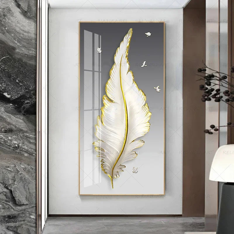 Abstract Beige Golden Brown Feathers Wall Art Fine Art Canvas Prints Picture For Luxury Home Living Room Elegant Entrance Hallway Art Decor