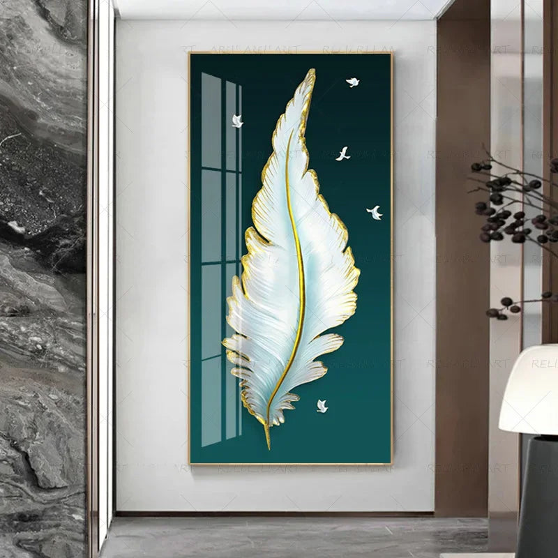 Abstract Beige Golden Brown Feathers Wall Art Fine Art Canvas Prints Picture For Luxury Home Living Room Elegant Entrance Hallway Art Decor