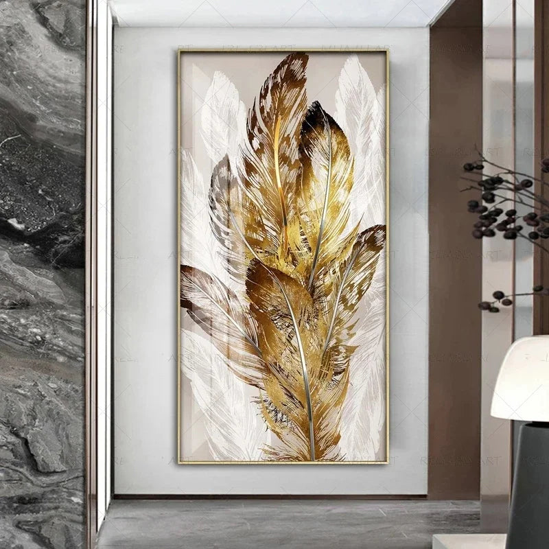 Abstract Beige Golden Brown Feathers Wall Art Fine Art Canvas Prints Picture For Luxury Home Living Room Elegant Entrance Hallway Art Decor