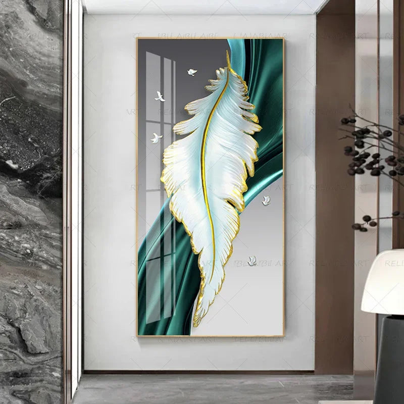 Abstract Beige Golden Brown Feathers Wall Art Fine Art Canvas Prints Picture For Luxury Home Living Room Elegant Entrance Hallway Art Decor