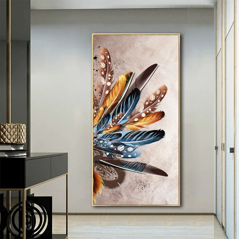 Abstract Beige Golden Brown Feathers Wall Art Fine Art Canvas Prints Picture For Luxury Home Living Room Elegant Entrance Hallway Art Decor