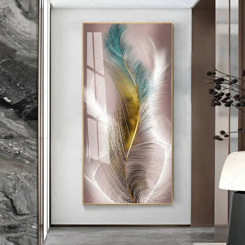Abstract Beige Golden Brown Feathers Wall Art Fine Art Canvas Prints Picture For Luxury Home Living Room Elegant Entrance Hallway Art Decor