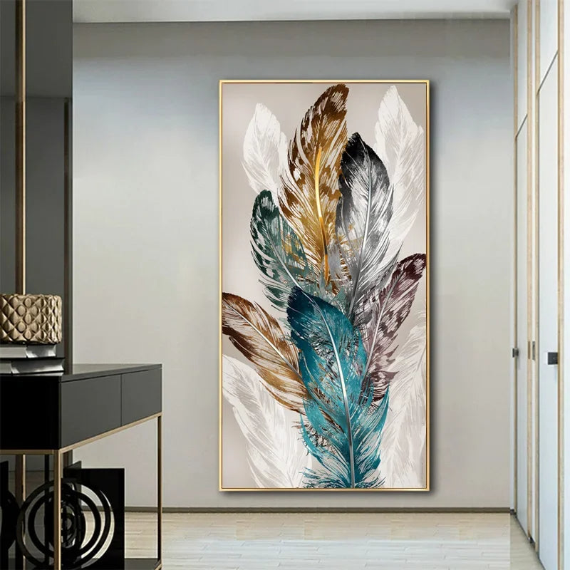 Abstract Beige Golden Brown Feathers Wall Art Fine Art Canvas Prints Picture For Luxury Home Living Room Elegant Entrance Hallway Art Decor