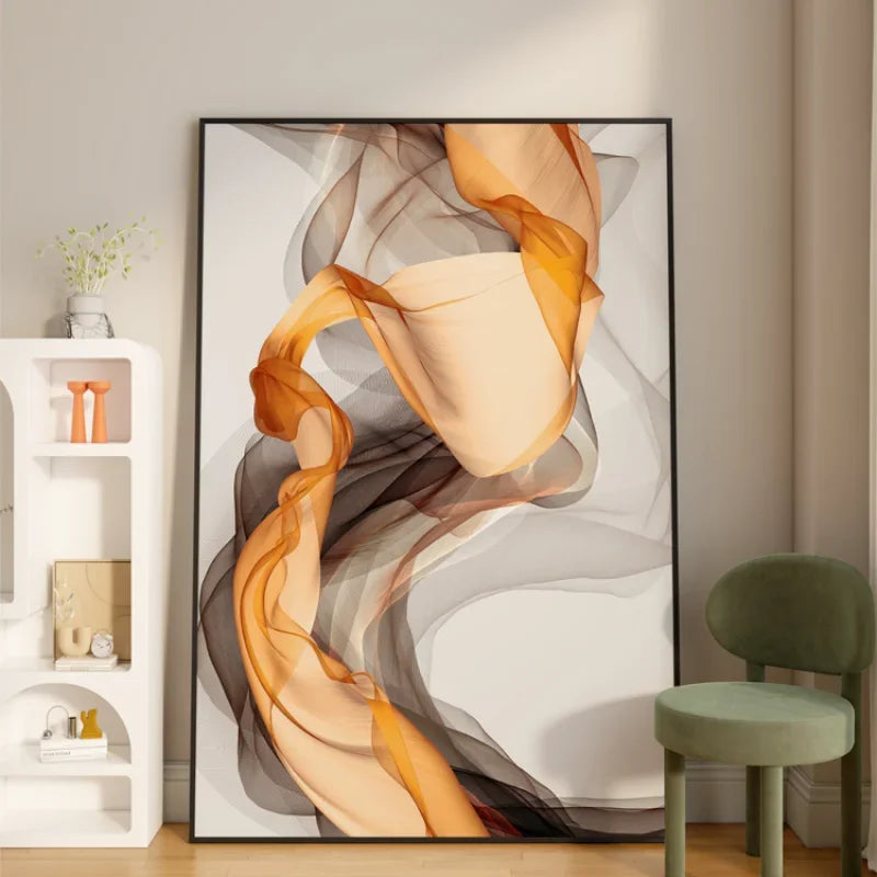 Abstract Beige Orange Flowing Ribbon Wall Art Fine Art Canvas Prints Pictures For Modern Apartment Foyer Living Room Bedroom Art For Light Luxury Home Decor