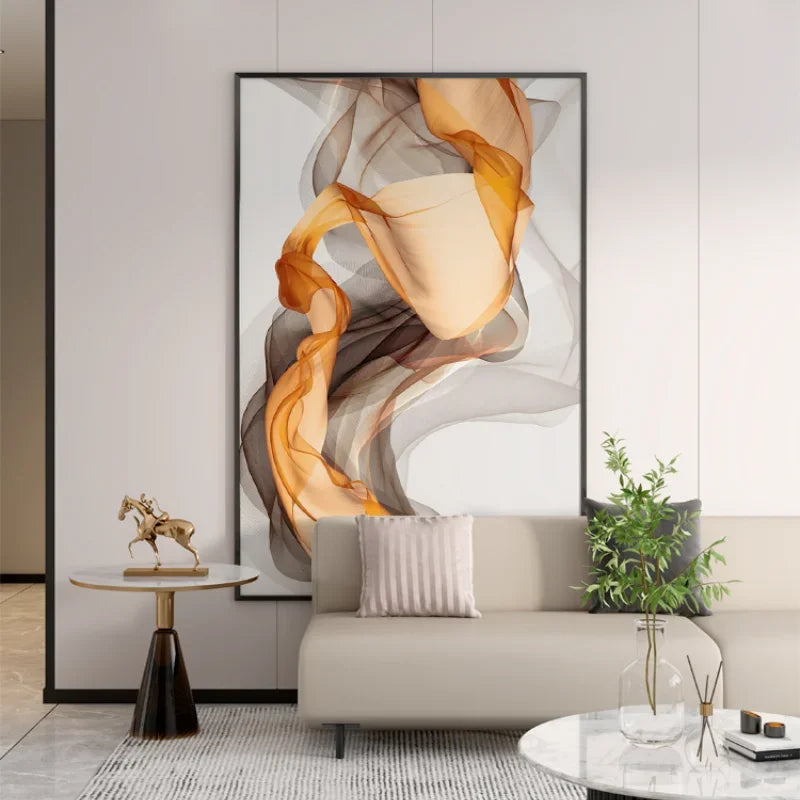 Abstract Beige Orange Flowing Ribbon Wall Art Fine Art Canvas Prints Pictures For Modern Apartment Foyer Living Room Bedroom Art For Light Luxury Home Decor