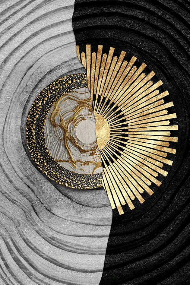 Abstract Black Golden Tree Rings Wall Art Fine Art Canvas Prints Light Luxury Pictures For Living Room Foyer Entranceway Reception Room Art Decor