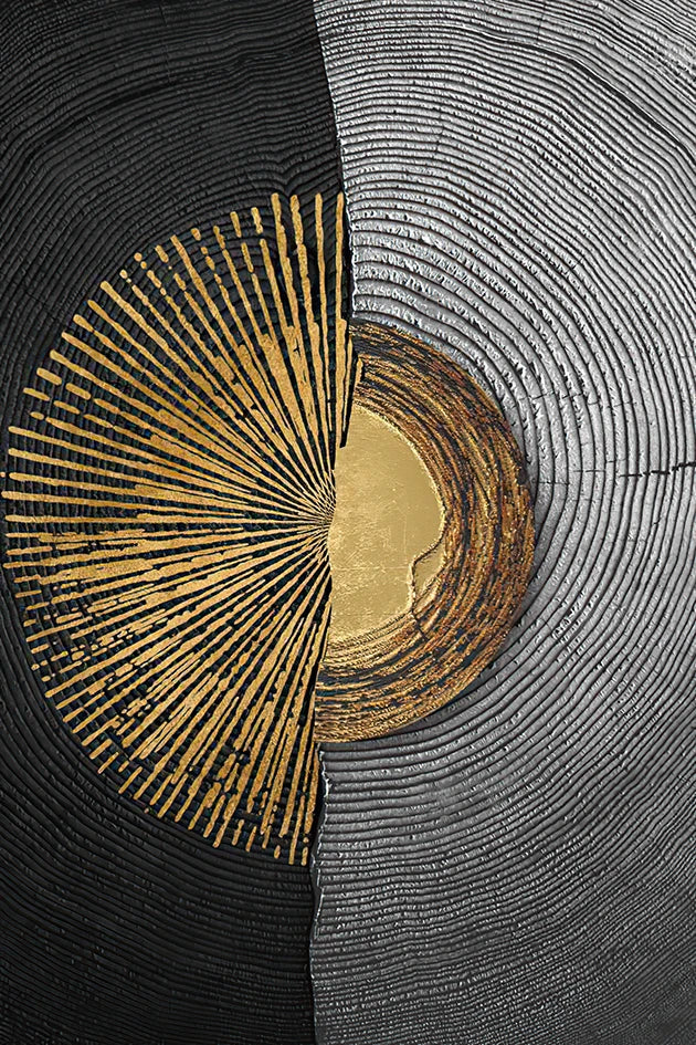 Abstract Black Golden Tree Rings Wall Art Fine Art Canvas Prints Light Luxury Pictures For Living Room Foyer Entranceway Reception Room Art Decor