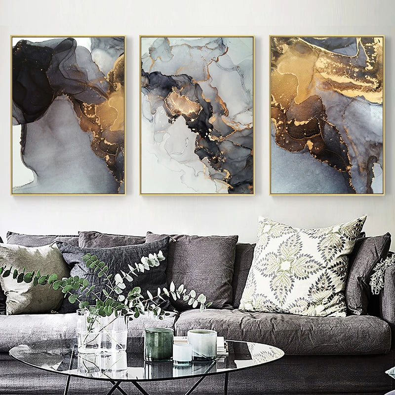 Abstract Black Gray Golden Liquid Marble Wall Art Fine Art Canvas Prints Pictures For Urban Apartment Living Room Light Luxury Nordic Home Decor