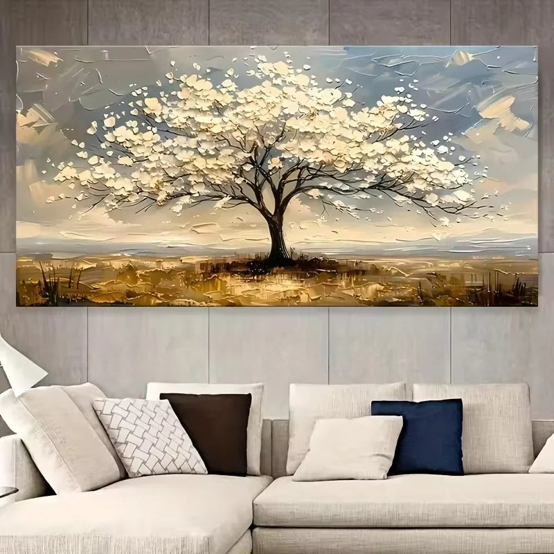 Large abstract painting of a tree with white flowers on a wall above a sofa.