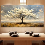 Large abstract painting of a tree on a wall above a dining table with tea sets.