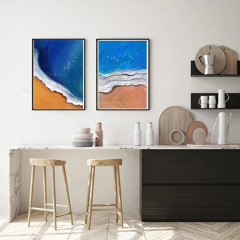 Abstract Blue Ocean Coastal Wall Art Fine Art Canvas Prints Ocean Sand Seascape Pictures For Living Room