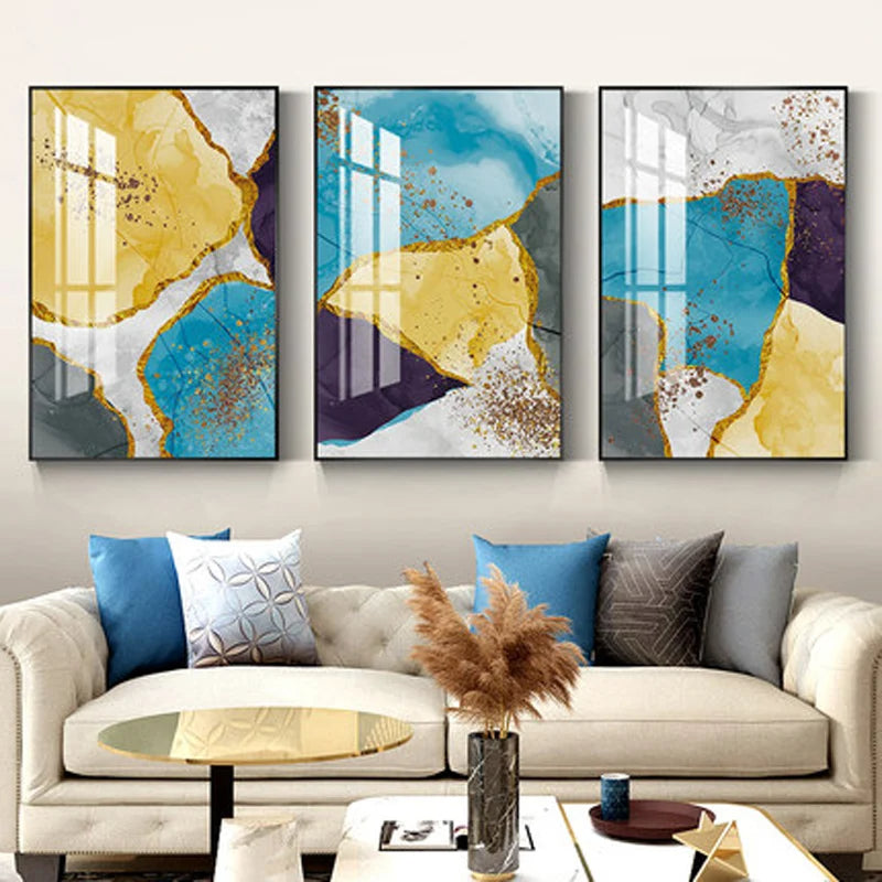 Abstract Blue Yellow Gray Marble Print Wall Art Fine Art Canvas Prints Pictures For Modern Apartment Living Room Home Office Art Decor