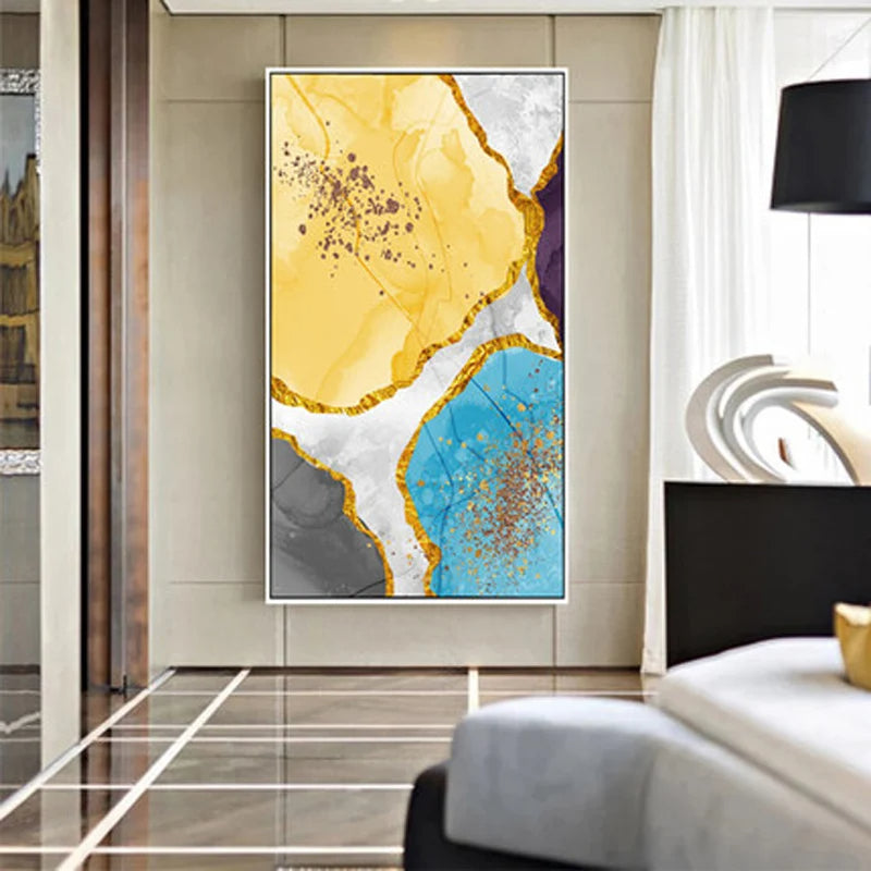 Abstract Blue Yellow Gray Marble Print Wall Art Fine Art Canvas Prints Pictures For Modern Apartment Living Room Home Office Art Decor