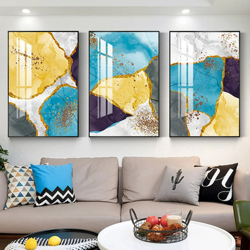 Abstract Blue Yellow Gray Marble Print Wall Art Fine Art Canvas Prints Pictures For Modern Apartment Living Room Home Office Art Decor