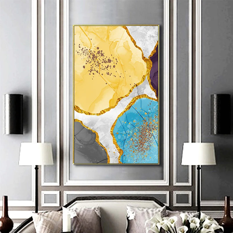 Abstract Blue Yellow Gray Marble Print Wall Art Fine Art Canvas Prints Pictures For Modern Apartment Living Room Home Office Art Decor