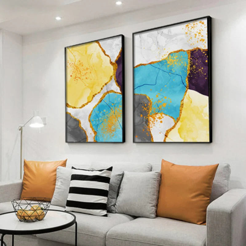 Abstract Blue Yellow Gray Marble Print Wall Art Fine Art Canvas Prints Pictures For Modern Apartment Living Room Home Office Art Decor