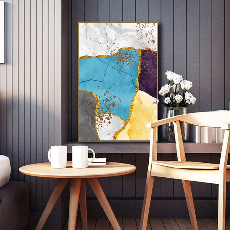Abstract Blue Yellow Gray Marble Print Wall Art Fine Art Canvas Prints Pictures For Modern Apartment Living Room Home Office Art Decor