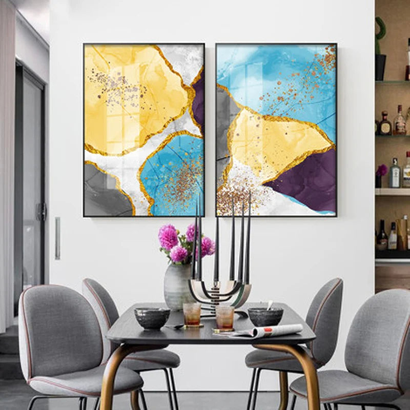 Abstract Blue Yellow Gray Marble Print Wall Art Fine Art Canvas Prints Pictures For Modern Apartment Living Room Home Office Art Decor