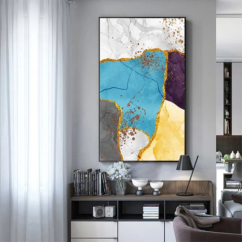Abstract Blue Yellow Gray Marble Print Wall Art Fine Art Canvas Prints Pictures For Modern Apartment Living Room Home Office Art Decor