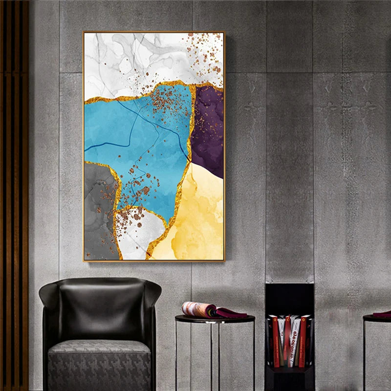 Abstract Blue Yellow Gray Marble Print Wall Art Fine Art Canvas Prints Pictures For Modern Apartment Living Room Home Office Art Decor