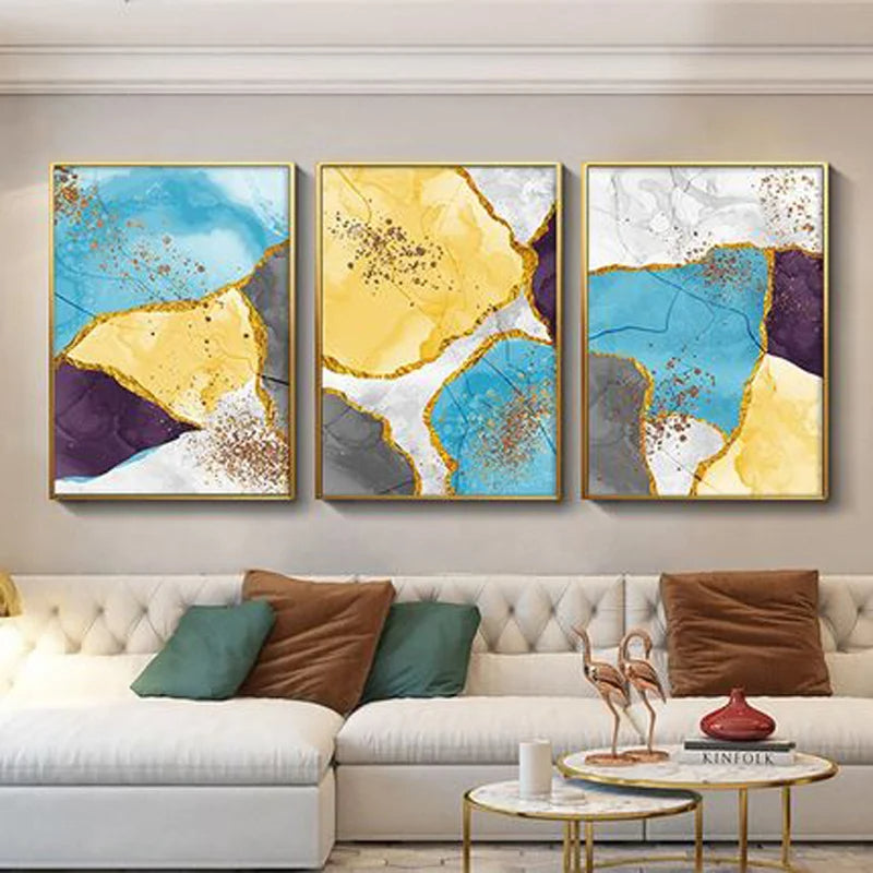 Abstract Blue Yellow Gray Marble Print Wall Art Fine Art Canvas Prints Pictures For Modern Apartment Living Room Home Office Art Decor